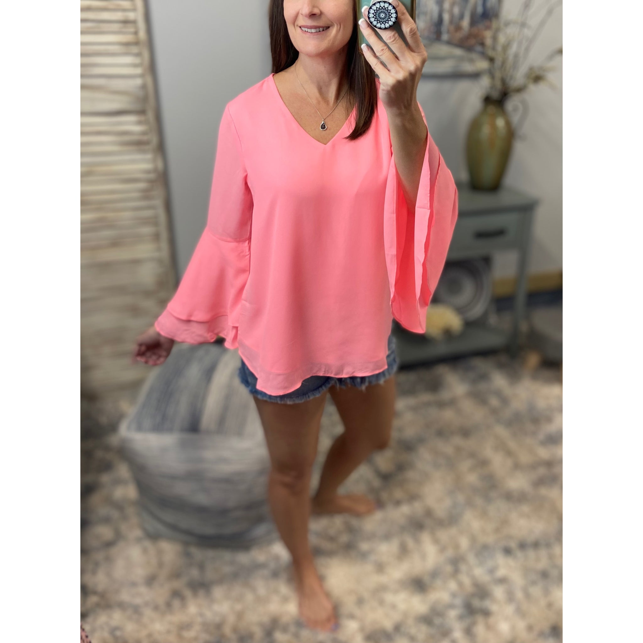 "Full of Surprises” V-Neck Flared Bell Layered Sleeve Dressy Top Neon Pink S/M/L/XL