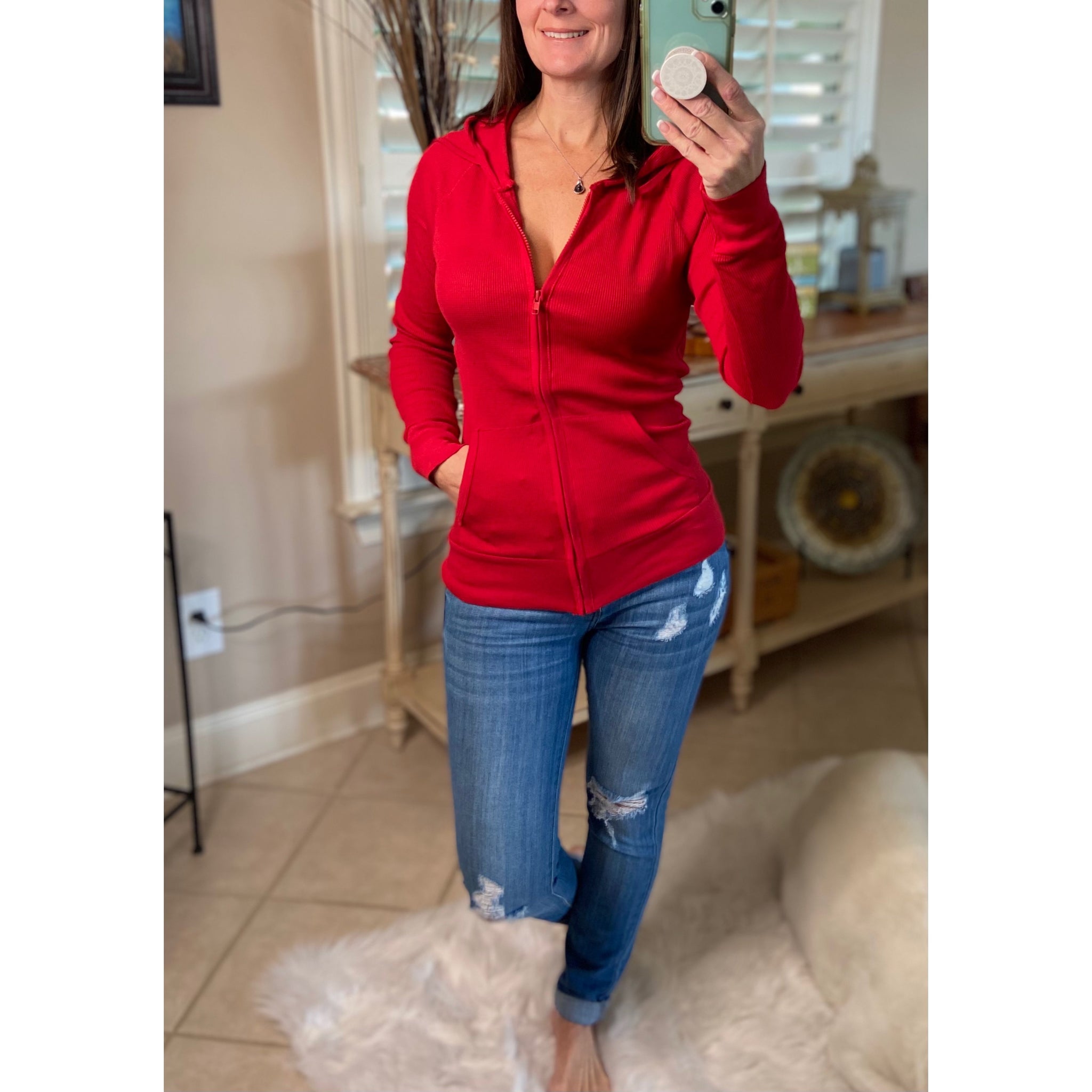 "Get Cozy" Zip Up Waffle Thermal Hoodie Light Jacket Long Sleeve Sweater Yoga Red Plus