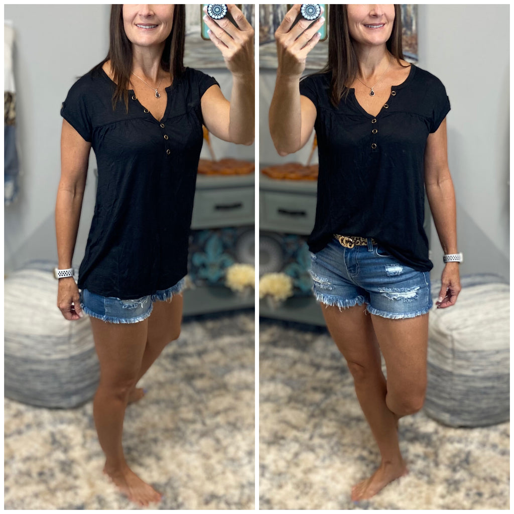 “Just Be You” Sheer Top Womens Black Burnout Melange V Neck Henley V Neck Short Tab Sleeve