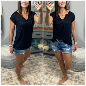 “Just Be You” Sheer Top Womens Black Burnout Melange V Neck Henley V Neck Short Tab Sleeve