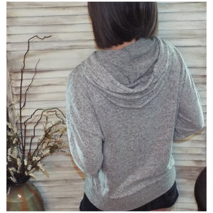 "Cute & Cozy" Plush Drawstring Brushed Hacci Sweater Knit Hoodie L/S Gray S/M/L
