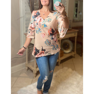 “Spring Is In The Air” Floral Print V-Neck Flared Sleeve Boho Dressy Top Light Peach S/M/L/XL/2X