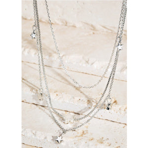 “Stars in My Eyes” 3 Strand Star Charmed Tiered Adjustable Necklace Silver