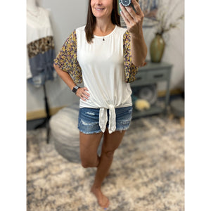 “If I Were A Butterfly” Floral Short Flutter Sleeve Round Neck Self Tie Bottom Top Yellow S/M/L