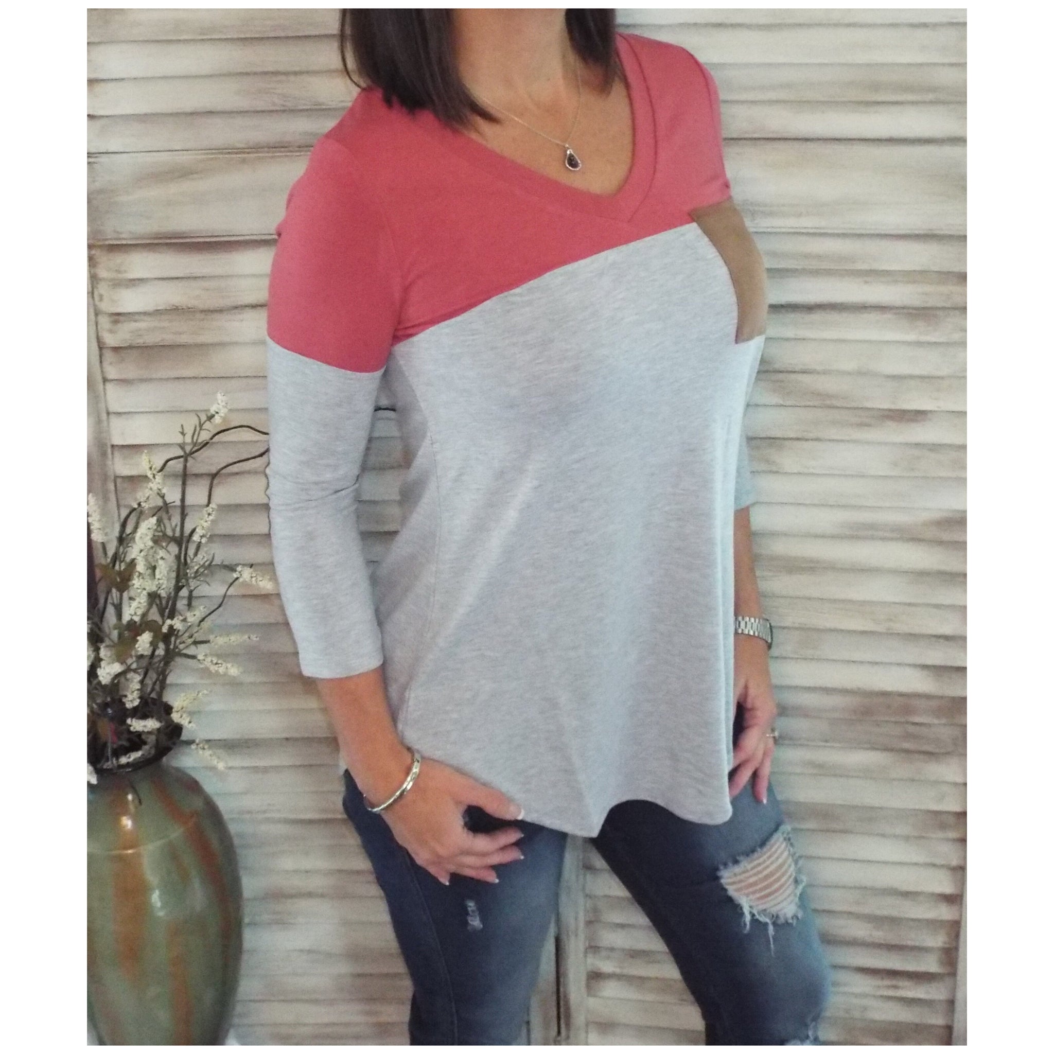 Suede Pocket Elbow Detail V-Neck Floaty Tunic 3/4 Sleeve Pink Gray S/M/L/XL
