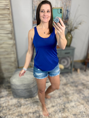 Sexy Scoop Neck Racerback Floaty Sleeveless Raw Edge Hem Tank Top Blue S/M/L