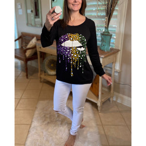 “Throw Me Something Mister” Mardi Gras Lips Wide Neck Off Shoulder Purple Green & Gold
