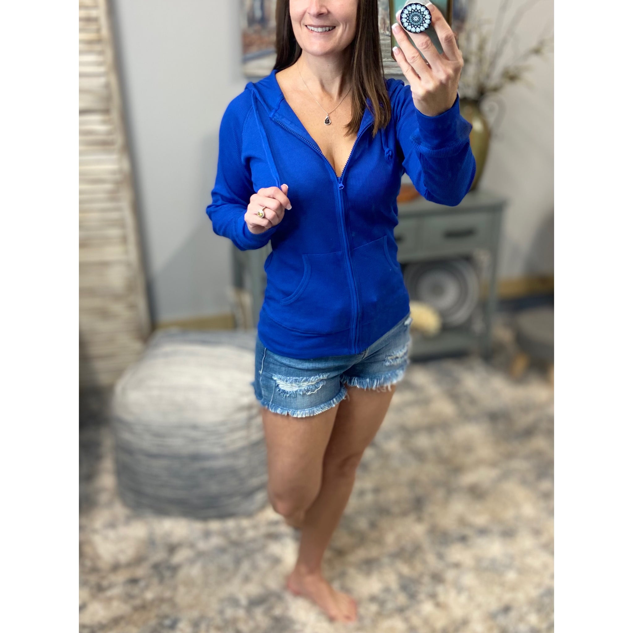 "Get Cozy" Zip Up Waffle Thermal Hoodie Light Jacket Long Sleeve Yoga Royal Blue