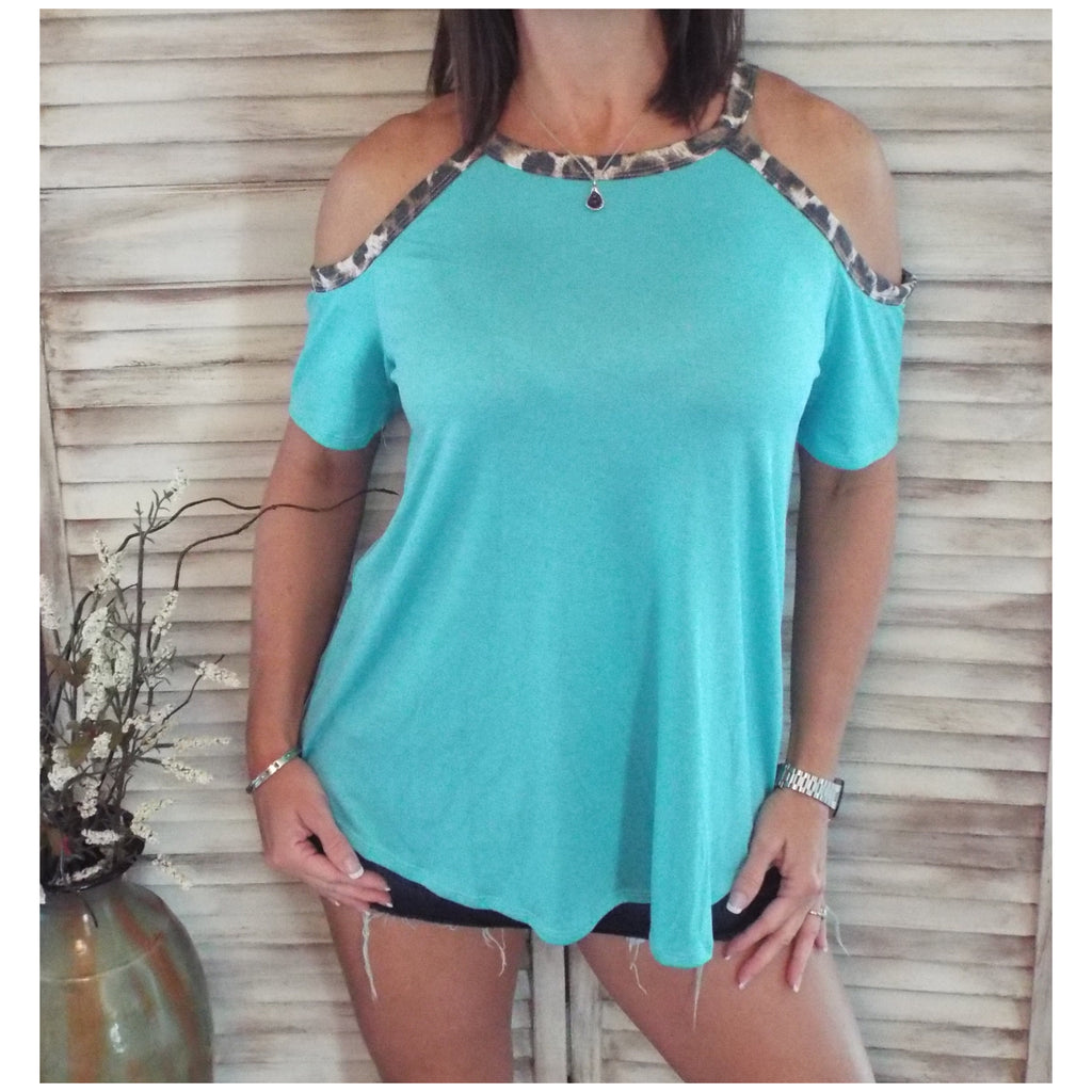 Very Sexy Leopard Trim Cold Shoulder Cutout Dolman Drape Top Mint S/M/L