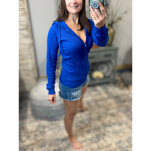 "Get Cozy" Zip Up Waffle Thermal Hoodie Light Jacket Long Sleeve Yoga Royal Blue
