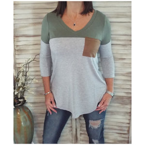 Suede Pocket Elbow Detail V Neck Floaty Color Block Tunic 3/4 Sleeve Olive Gray