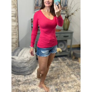 Deep V-Neck Cleavage Thermal Waffle Knit Slimming Shirt Top Pink