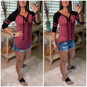 “Game Changer” Sporty 3/4 Sleeve Lace Up V-Neck Raglan Jersey Sporty Stretch Shirt Maroon