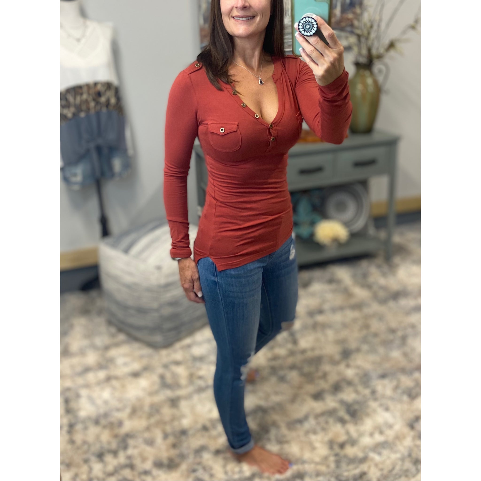 Sexy Deep V Neck Plunge Cleavage Military Henley Pocket Top Rust