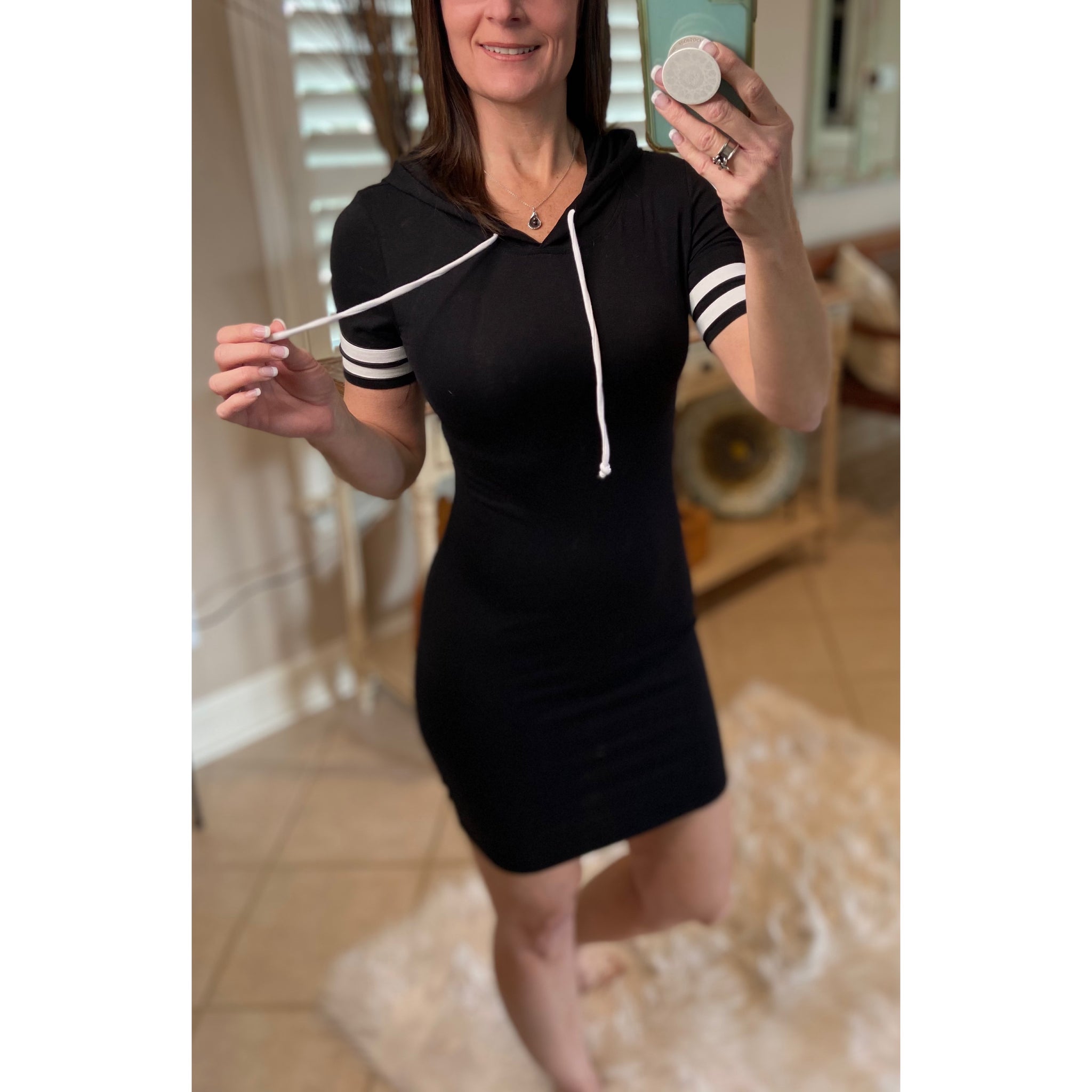 Sporty Athletic Hoodie Bodycon Contrast Stripe Sleeve Stretch Dress Black S/M/L