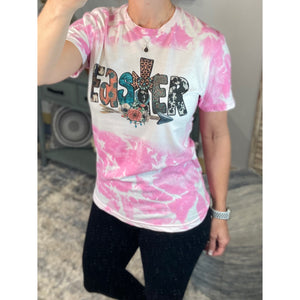 “Easter” Western Easter Bleached Sublimation Boyfriend Basic Tee Shirt Pink S/M/L/XL/2X