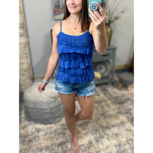 Tiered Ruffle Lace Scoop Neck Low Cut Cleavage Tank Cami Top Blue S/M/L