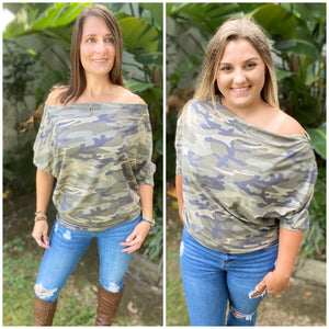 “This Girl Wears Camo” Camouflage Off Shoulder Open Neck Dolman Long Sleeve Top Green