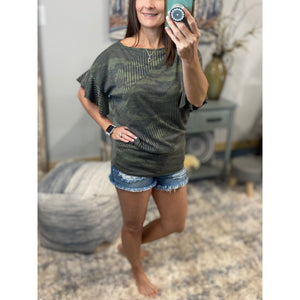Camouflage Boat Neck Ribbed Short Ruffle Sleeve Top Green S/M/L