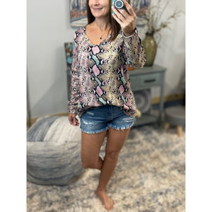 “Night Out With the Girls” Snakeskin Print Deep V Neck Long Sleeve Pink Multi