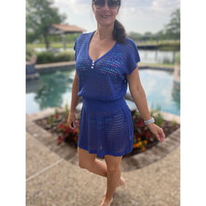 “Ocean Eyes” Crochet Mesh V Neck Mini Beach Swimsuit Cover Up Beach Pool Royal Blue One Size