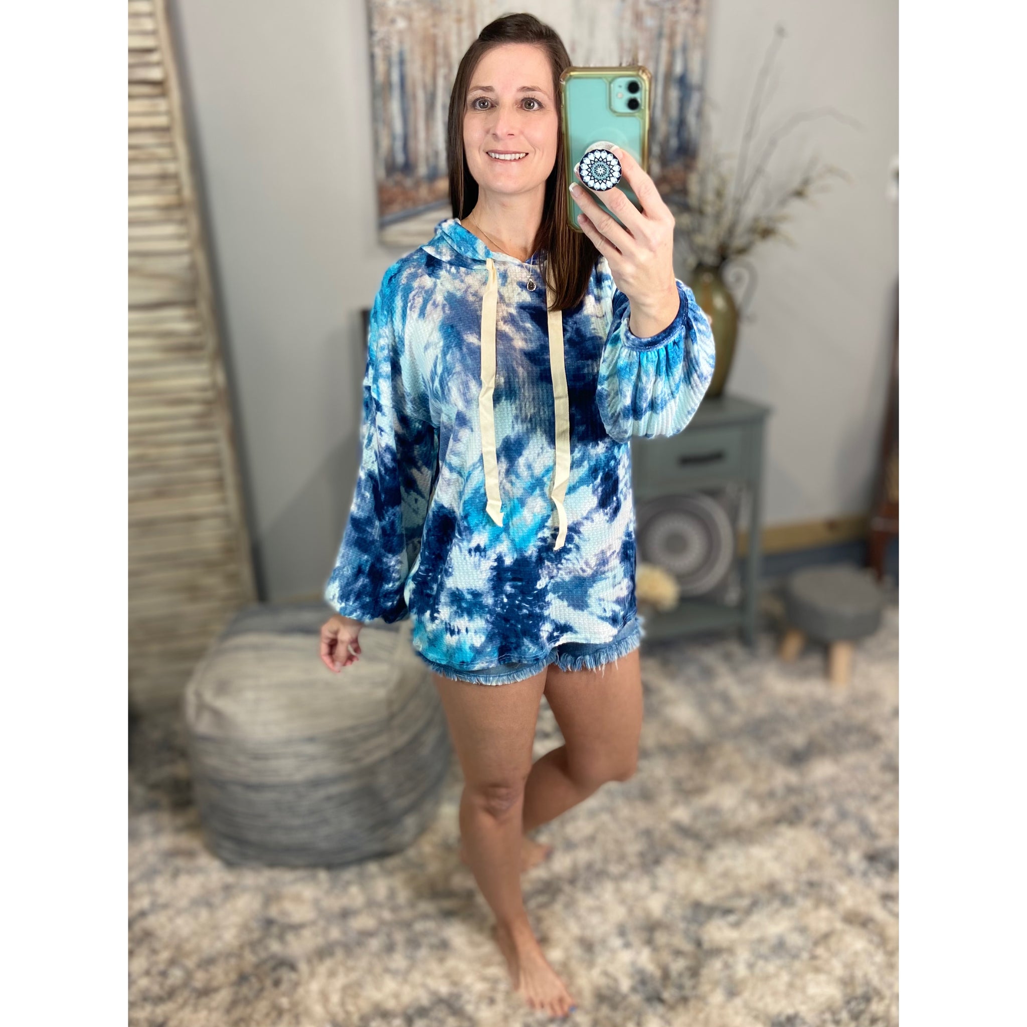 “Free Bird” Tie Dye Crew Neck Waffle Drawstring Light Long Sleeve Hoodie Blue