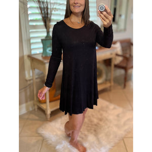 Sexy Dolman Wide Open Boat Neck Long Sleeve Tunic Swing Dress Minimalist Black