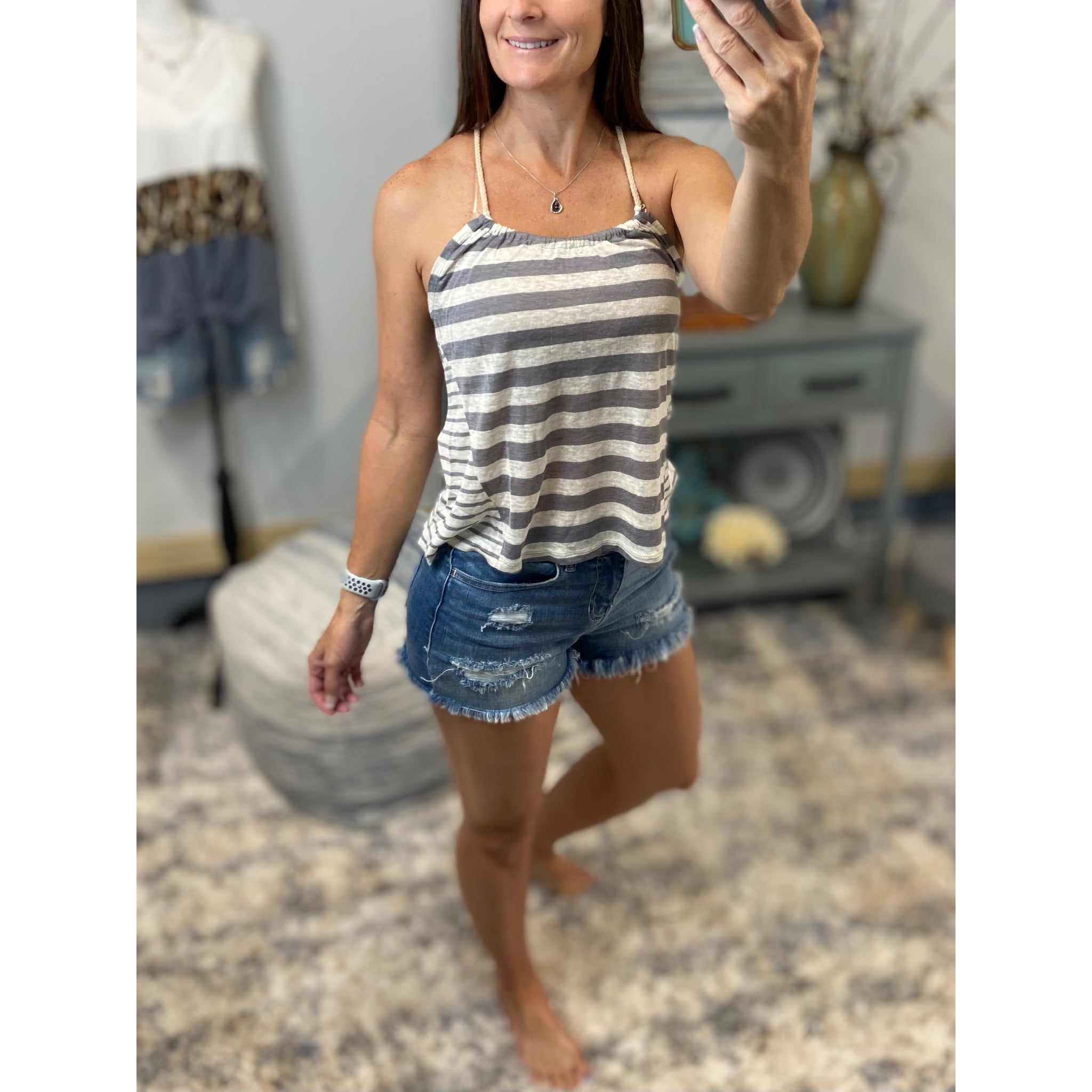 Very Sexy Scoop Neck Contrast Striped Flair Rope Spaghetti Strap Tank Top S/M/L