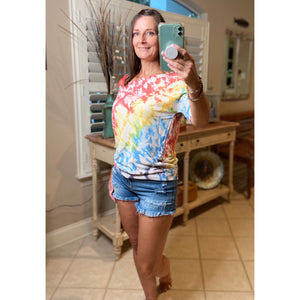 “Double Up” Multi Tie Dye Off Strappy Cold Shoulder Sleeve Banded Top Bright Colors S/M/L/XL