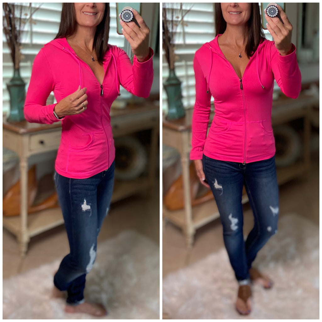 Sexy Sporty Slimming Seamless Zipper Lightweight Hoodie Jacket Pockets Neon Pink OS