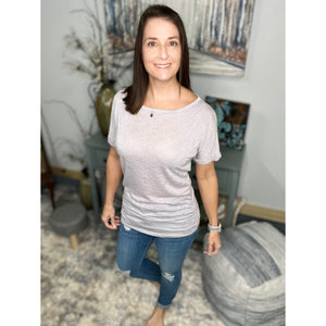 "Clouds Roll In" Wide Boat Neck Dolman Gauze Rolled Sleeve Ruched Sides Tunic Top Light Gray
