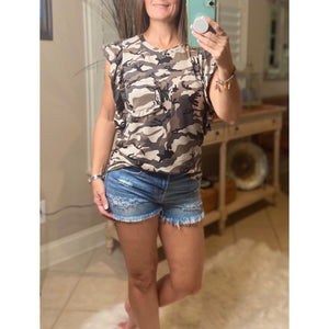 “She’s ALL Girl” Camouflage Ruffle Pocket Short Cap Sleeve Crew Neck Floaty Dressy Tank Top Gray