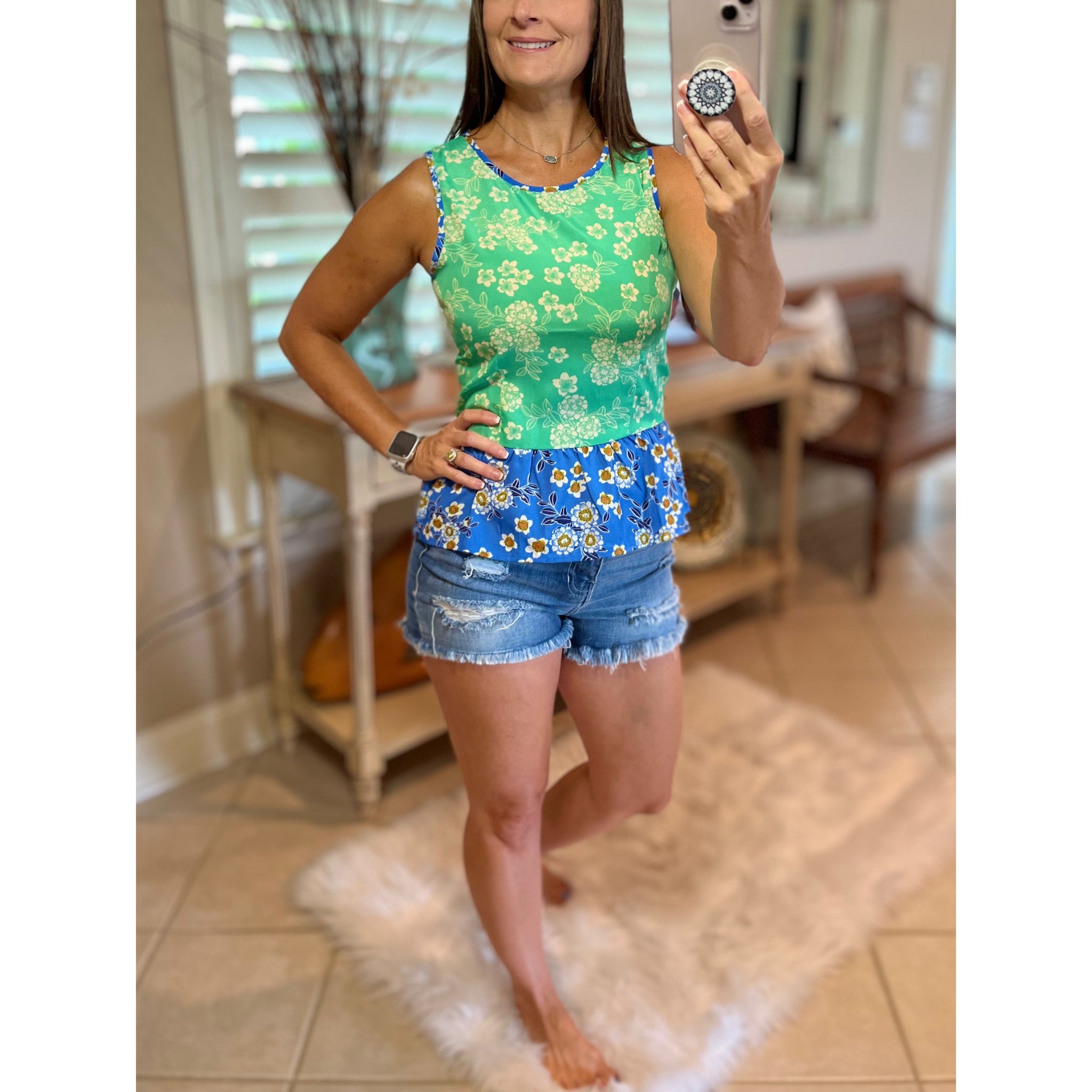 Floral Peplum V-Neck Sleeveless Ruched Babydoll Top Blue Green S/M/L