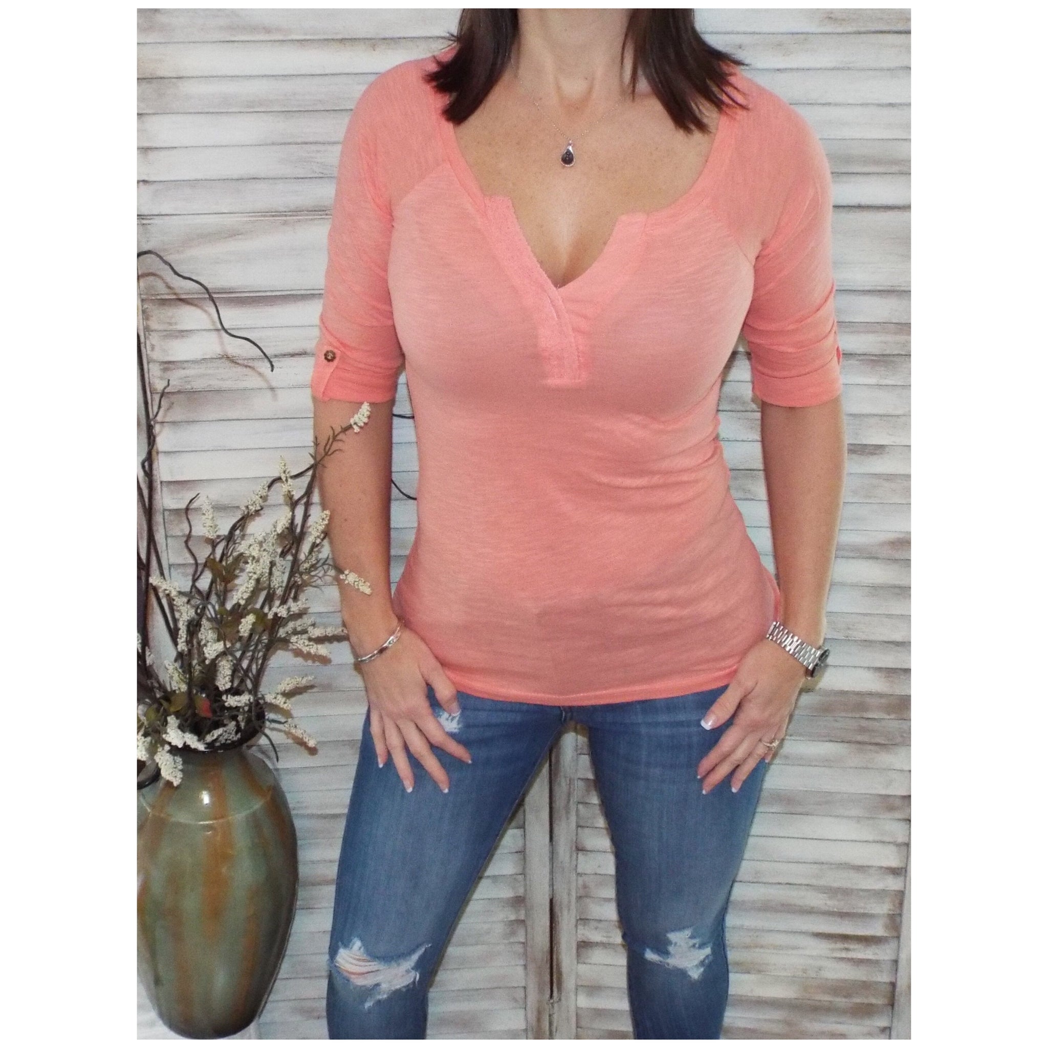 "Come Together" V-Neck Crochet Plunge Cleavage Military 3/4 Cuff Sleeve Top Peach S/M/L