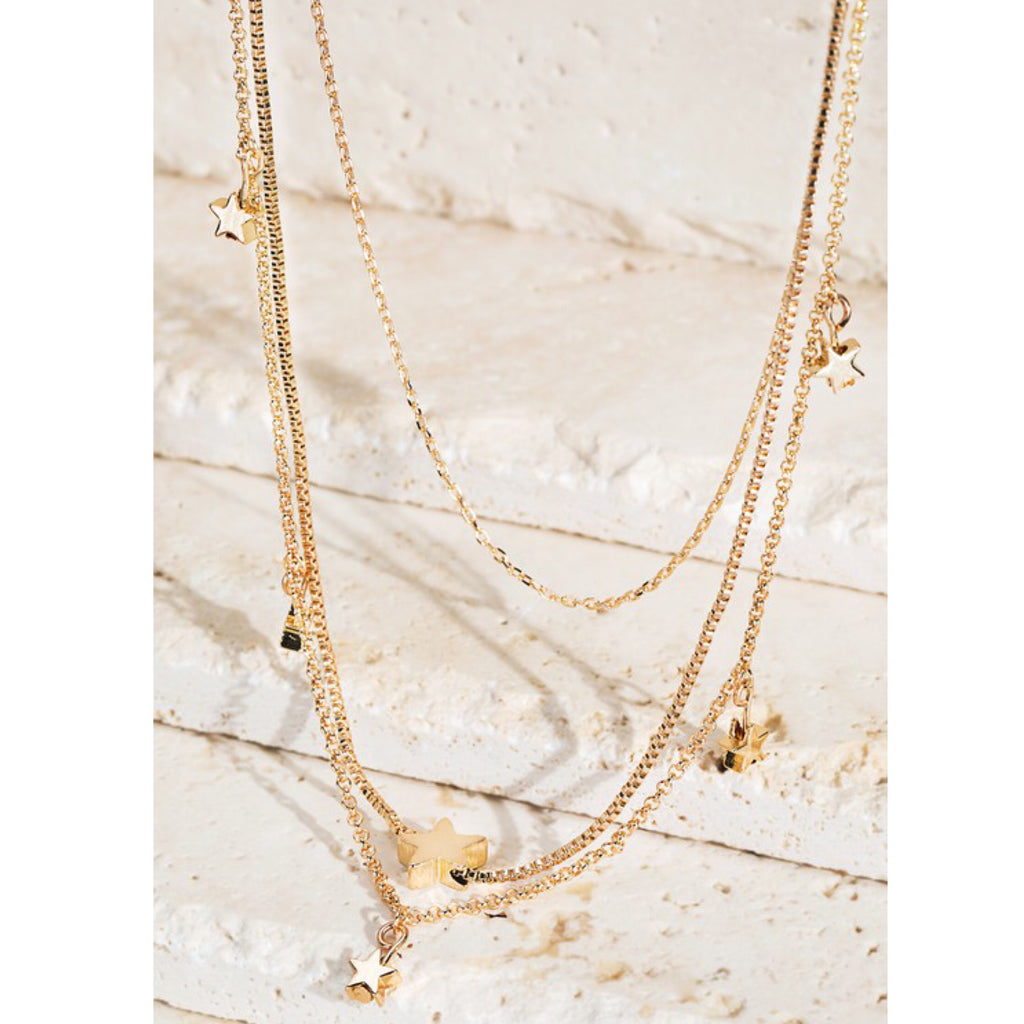 “Stars in My Eyes” 3 Strand Star Charmed Tiered Adjustable Necklace Gold