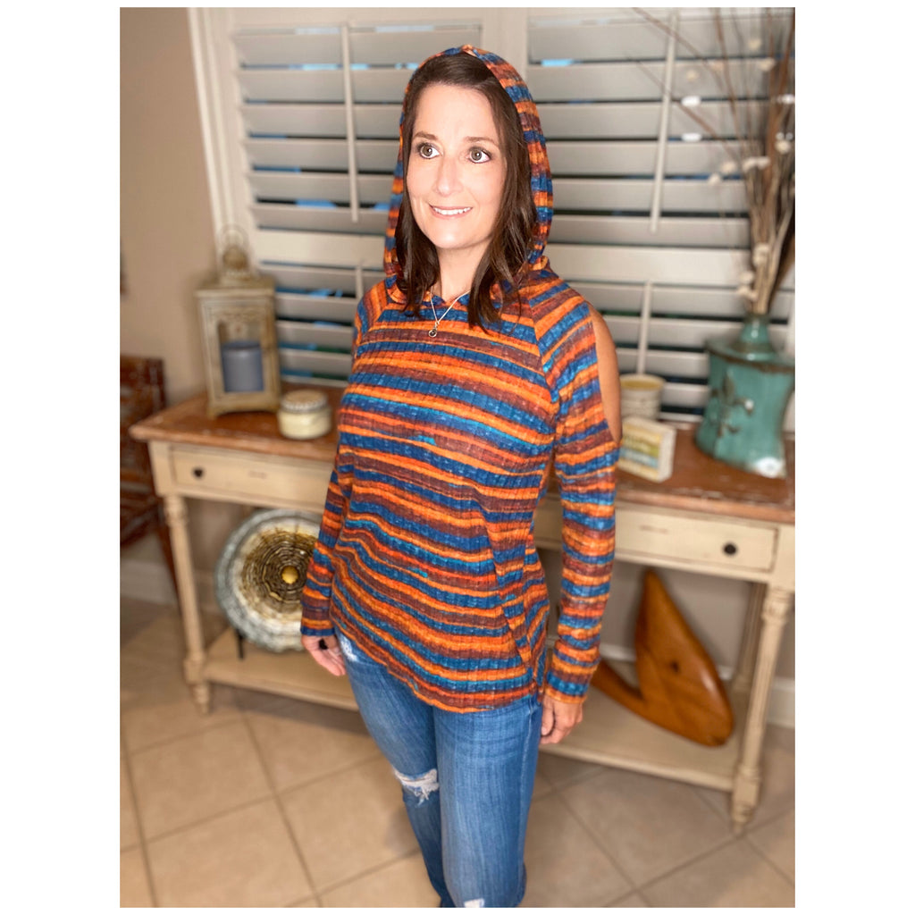 "Anything Is Possible" Striped Split Cold Shoulder Hoodie Light Sweater Long Sleeve Orange Multi S/M/L