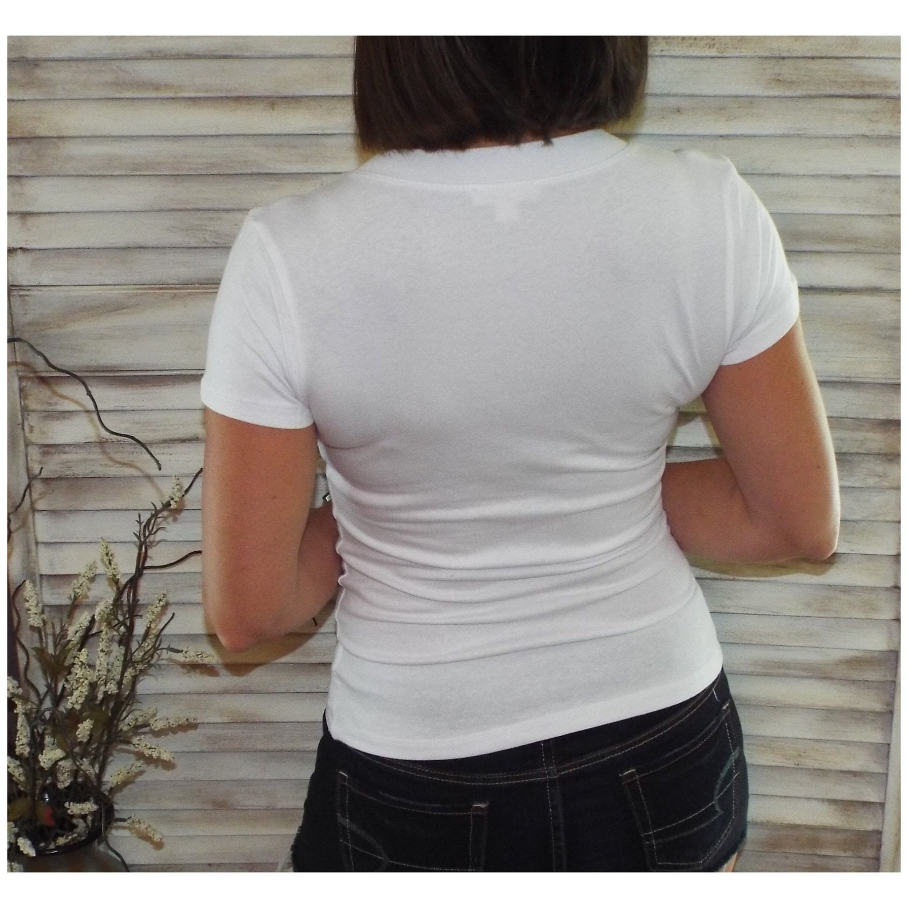 “Basic Babe” Low Cut V-Neck Cleavage Baby Slimming Basic Tee Shirt White