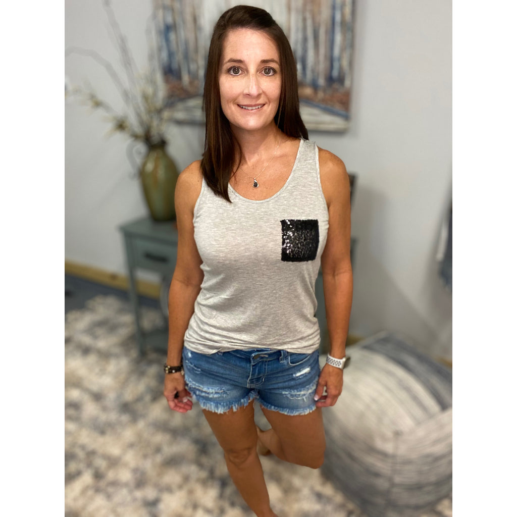 Scoop Neck Sequined Pocket Sleeveless Summer Floaty Lightweight Tank Top Gray
