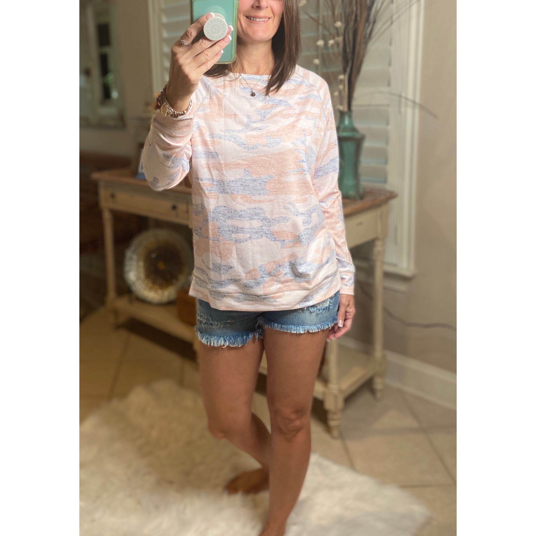 “I’m Lovin It” Camouflage Round Neck Banded Bottom Split Side Sweatshirt Pink