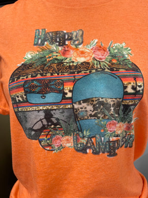 “Happy Camper” Retro Western Camper Bleached Sublimation Boyfriend Basic Tee Shirt Pink S/M/L/XL