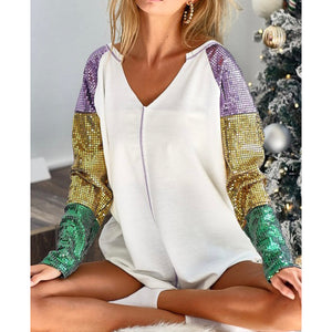 “Let The Good Times Roll” Mardi Gras Sequined Color Block Sleeves French Terry Purple Green & Gold Ivory S/M/L/XL