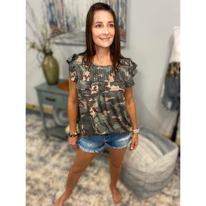 “I’m Still A Girl” Camouflage Gathered Chest Short Ruffle Sleeve Top Green S/M/L/XL