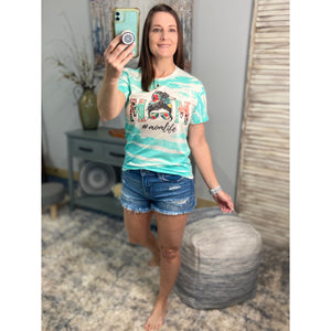 “Mom” #momlife Messy Bun Sunglasses Headband Bleached Sublimation Boyfriend Basic Tee Shirt Green S/M/L/XL/2X