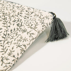 Weave Block Leafy Print Clutch With Tassel Zipper Gray Ivory