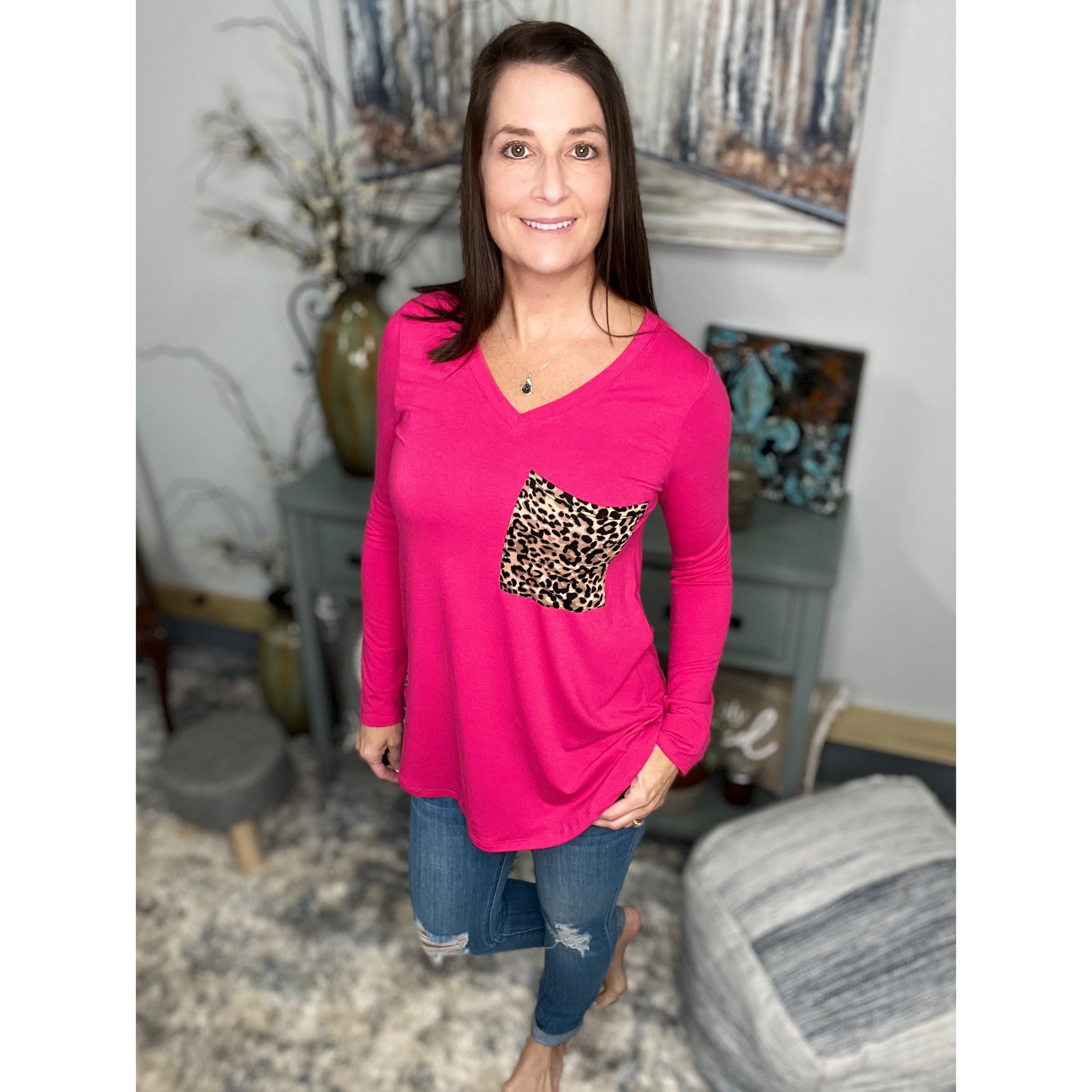 “Blind Faith“ V Neck Soft Jersey Knit Floaty Animal Print Leopard Pocket Long Sleeve Hot Pink