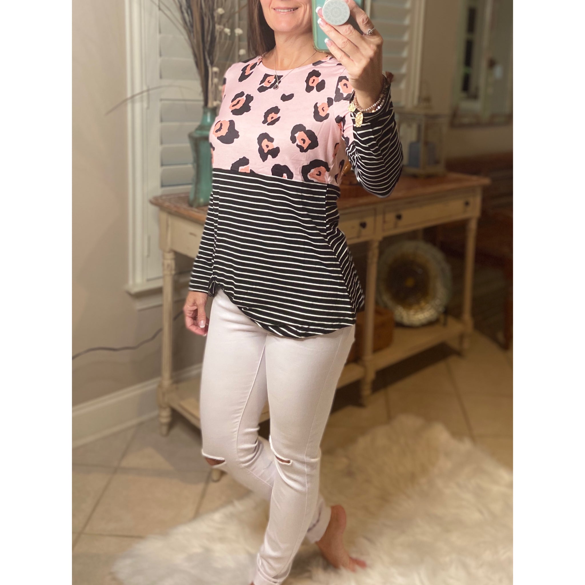 “Make Up Your Mind” Leopard Striped Color Block Contrast Knot Front Long Sleeve Pink