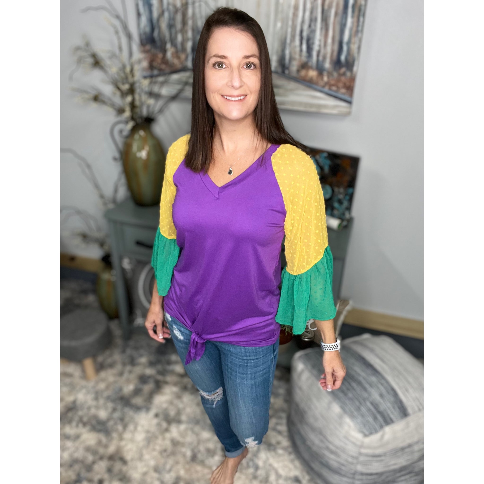 "Beads or Bust" Mardi Gras Color Block Swiss Dot Flutter Bell Sleeves V Neck Tie Bottom Shirt Purple Green & Gold