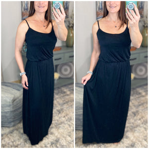 “A Girl’s Summer” Scoop Neck Drape Elastic Waist Spaghetti Strap Cami Tank Maxi Long Dress Black