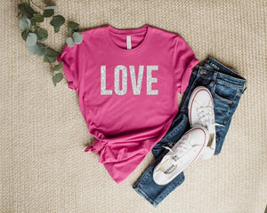 “All My Love” Silver Glitter Bling LOVE Boyfriend Baby Basic Tee Shirt Pink S/M/L/XL