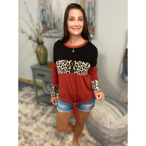 "I'm All Confused" Round Neck Floaty Self Tie Animal Print Color Block Long Sleeve Rust Black